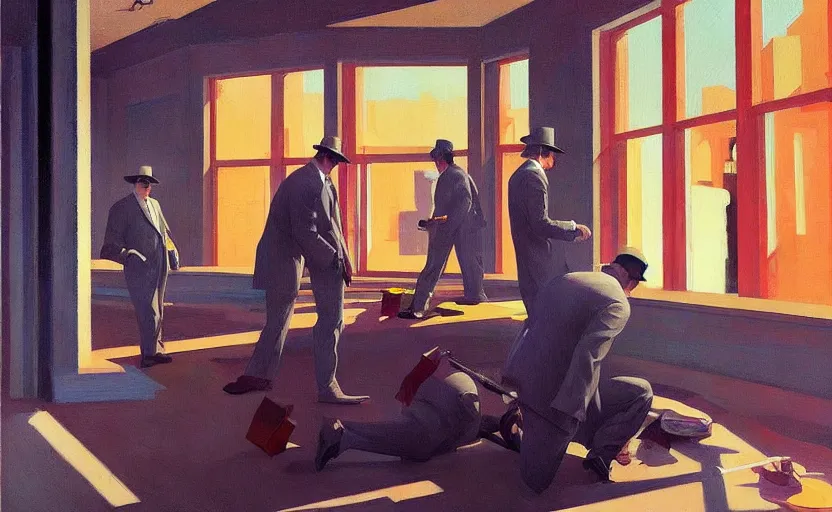 Image similar to detectives on crime scene, very coherent, painted by Edward Hopper, Wayne Barlowe, painted by James Gilleard, airbrush, art by JamesJean