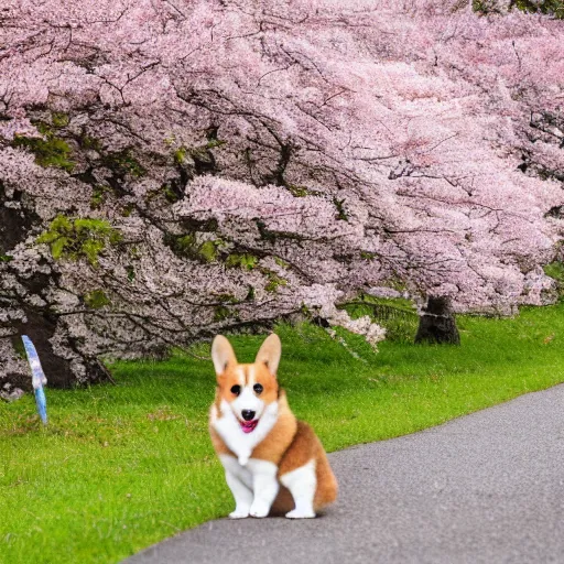 Prompt: A photo of Corgi in front of a row of cherry blossom trees