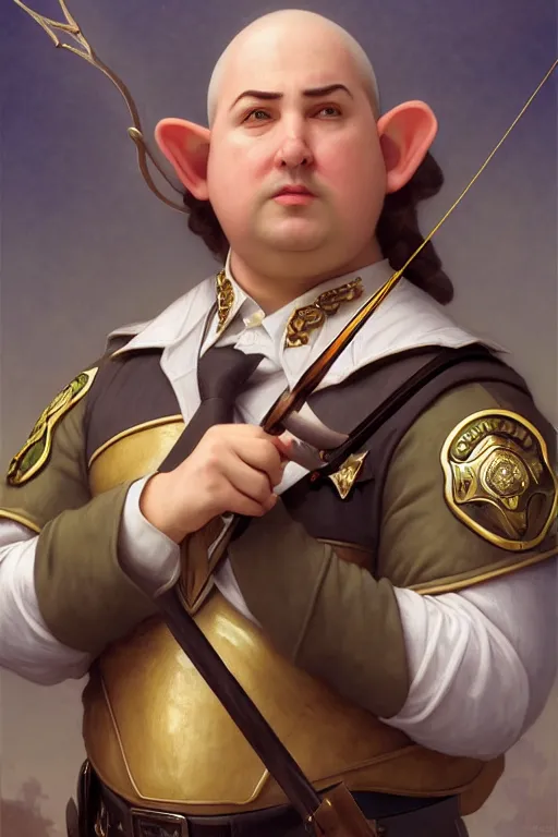 Prompt: a shifty fat high elf mall cop with a sheriff's badge holding a bow and arrow, Oil Painting, hyperrealistic, Detailed Digital Art, RPG portrait, 3/4 bust, William-Adolphe Bouguereau, Michael Cheval, dynamic lighting, Highly Detailed, Cinematic Lighting, 8k, HD