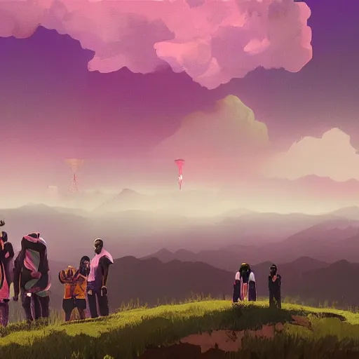 Image similar to A painting of Kanye West and his family looking on at the horizon, afrofuturism, Simon Stalenhag, 8K concept art, purple skies, intricate details, minimal artifacting