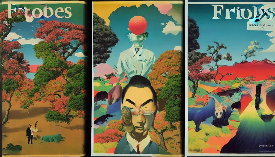 Image similar to Japan rural splendor travel and tourism c2050, surrealist psychedelic collage painting in the style of Forbes magazine, +81 magazine, Magritte, Roger Dean, Yoshio Awazu, vivid color