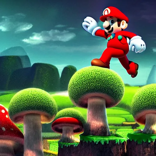 Image similar to Mario jumping off a white and red spotted mushroom, Mario brothers theme, mushroom kingdom in background, landscape, beautiful, colorful, cinematic composition, exotic plants, goombas,