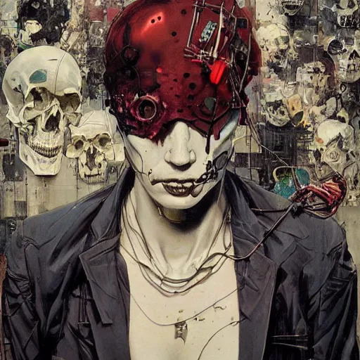 Image similar to a male cyberpunk noir detective, skulls, wires cybernetic implants, machine noir grimcore, in the style of adrian ghenie esao andrews jenny saville surrealism dark art by james jean takato yamamoto and by ashley wood and mike mignola