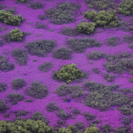 Image similar to landscape covered in purple mold, wide, from a distance