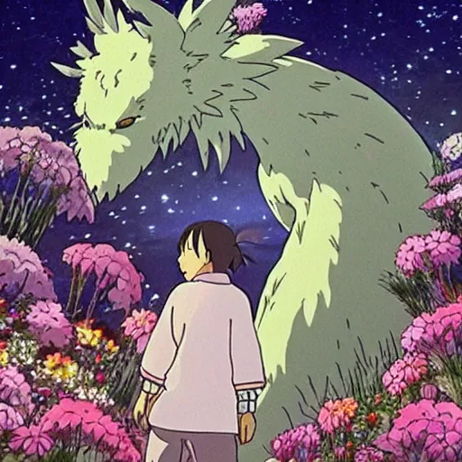 Prompt: spirit creature in the flowers at night made by studio ghibli, beautiful scene, detailed, high quality
