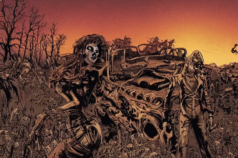 Prompt: disturbing horror zombie defeat illustration by joe fenton and syd mead and p. craig russell and barry windsor - smith, artstation, 4 k, graphic novel, concept art, matte painting, beautiful american rustic western landscape sunset background, golden hour, art nouveau