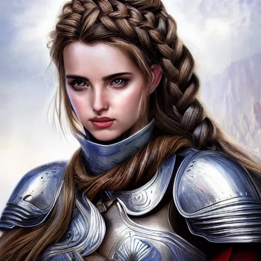 Prompt: head and shoulders portrait of a female knight, ana de armas, breastplate, celtic braid, by artgerm, face detail, extremely detailed, digital illustration