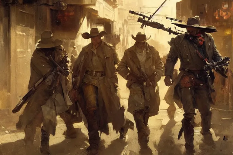 Image similar to oil painting of old rugged robot bounty hunter in a gunfight in dusty wild west street, art by anders zorn, wonderful masterpiece by greg rutkowski, beautiful cinematic light, american romanticism by greg manchess, jessica rossier