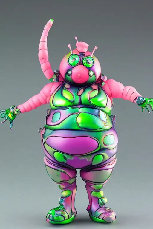 Prompt: a fat bubbly super detailed anime figurine with fluo color detail, and muted arm colors, that looks like a insect, decorated by plastic synthetic ionized metal flower sculptures
