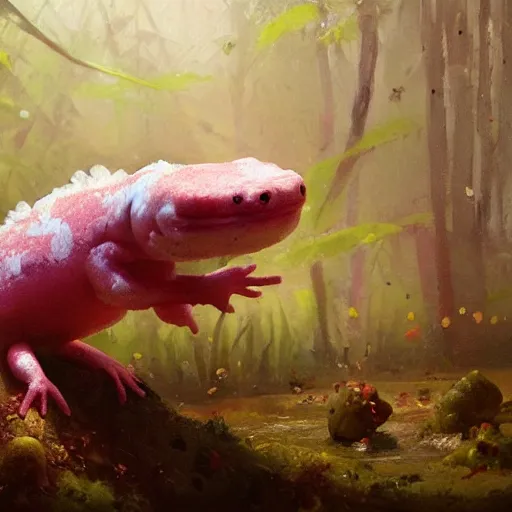 Image similar to Cute marshmallow axolotl crawling from a cacao swamp, salamander, candy world, oil painting, by Greg Rutkowski