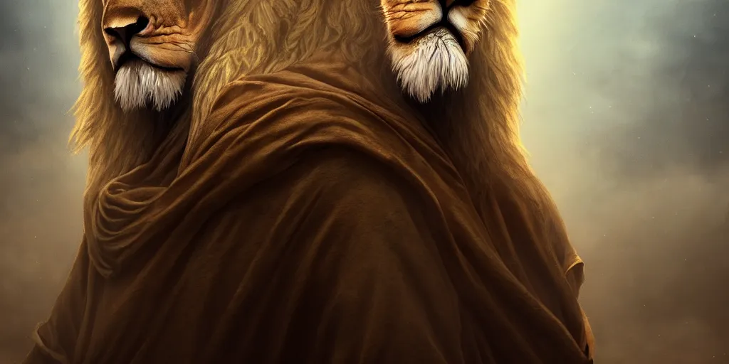 Image similar to a hooded wise old man with a long white beard wearing a brown hooded tunic riding a ( beautiful lion ), majestic, epic digital art, cinematic, trending on artstation, superb detail 8 k, wide - angle, masterpiece