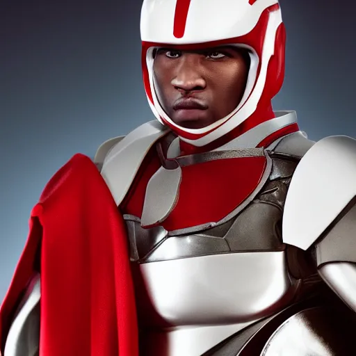 Image similar to headshot of a tall athletic muscular infantry man in glossy sleek white armor with tiny red details and a long red cape, heroic posture, strong jawline, on the surface of mars, night time, dramatic lighting, cinematic, sci-fi, hyperrealistic