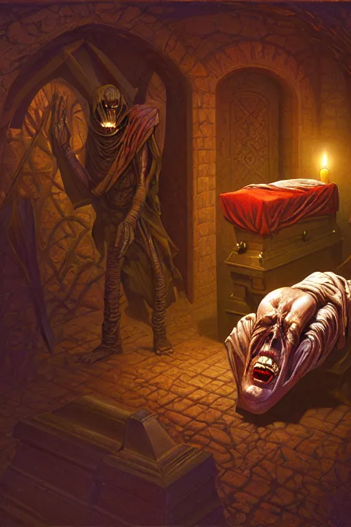 Prompt: classic oil painting, a mummy with red eyes is waking up from his tomb, as a dnd character, inside a dark mausoleum full of coffins, cottagecore, highly detailed, digital illustration, concept art, smooth, sharp focus, ominous, art by tim hildebrandt, and greg hildebrandt