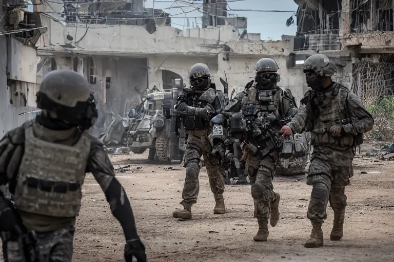 Image similar to Mercenary Special Forces soldiers in grey uniforms with black armored vest and black helmets behind an MRAP in urban warfare in Cambodia as artillery explodes 2022, Canon EOS R3, f/1.4, ISO 200, 1/160s, 8K, RAW, unedited, symmetrical balance, in-frame, combat photography