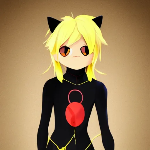 Prompt: a boy with long messy blonde hair wearing a black spandex catsuit with cat ears and a tail. chat noir. miraculous ladybug. fan art. trending on artstation.