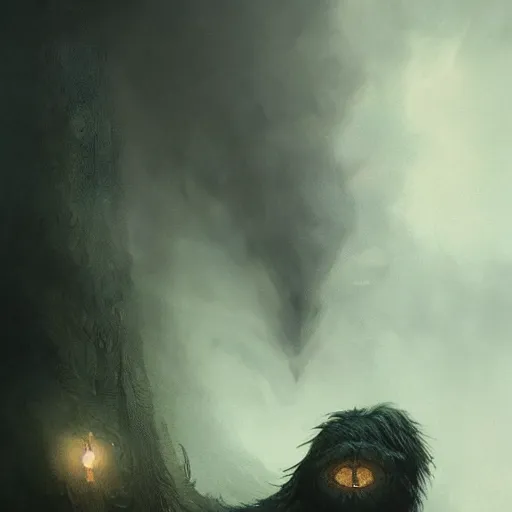 Prompt: a beautiful and terrifying new creature from folklore, dark, ominous, looming. smoke and shadow, glowing eyes and glowing mouth. clear detailed view. ethereal fantasy art by greg rutkowski