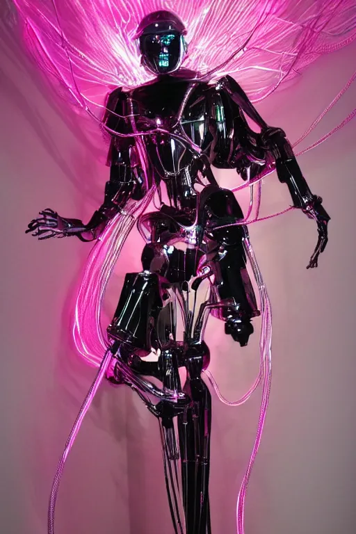 Image similar to full-body baroque and bladerunner style pink neon and chrome statue of a muscular handsome pale priest robot god humanoid wearing a see-through silk cloak sim roupa, posing like a falling model, suspended from the ceiling with wire cables, glowing peach face, street hoody of red steampunk lasers, emeralds, swirling silver silk fabric. futuristic elements. oozing glowing liquid, full-length view. space robots. human skulls. throne made of bones, intricate artwork by caravaggio. Trending on artstation, octane render, cinematic lighting from the right, hyper realism, octane render, 8k, depth of field, 3D