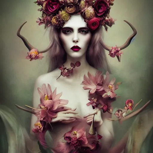 Prompt: of a woman, surreal Portrait inspired by Natalie Shau, Anna dittmann,flowers with horns, jewellery,cinematic