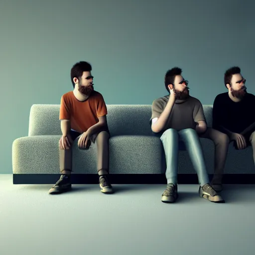 Prompt: 3, dudes sitting on a couch, seen from behind. watching tv. smoking cigarettes, drinking cough syrup. high detail art, octane render, barlowe,