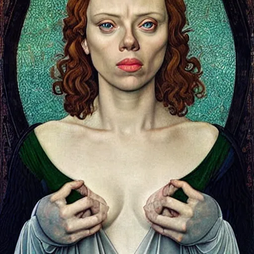 Image similar to scarlett johansson as gollum, elegant portrait by sandro botticelli, detailed, symmetrical, intricate