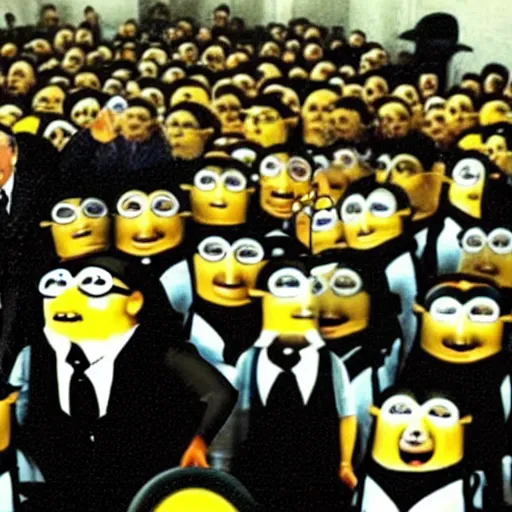 Image similar to adolf hitler speaking to a room full of the minions from despicable me