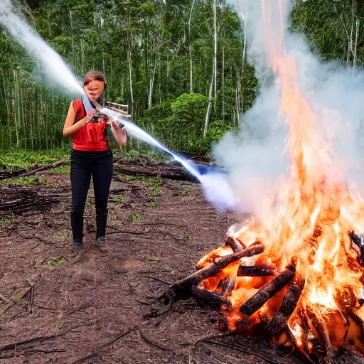 Prompt: Greta Thunberg using a flamethrower on the Amazon forest with Donald Trump in it