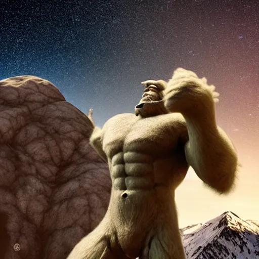 Prompt: muscular yeti on top of a mountain with a galaxy in the sky