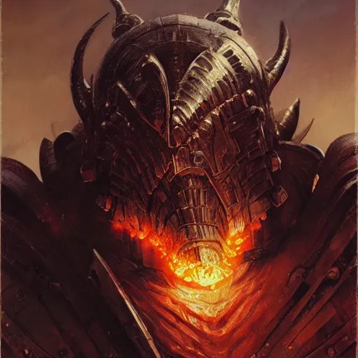 Prompt: head and shoulders portrait of an armored fire giant, d & d, fantasy, greg rutkowski, frank frazetta, alexandre chaudret, boris vallejo, michael whelan, miro petrov, hr giger, magali villeneuve, donato giancola