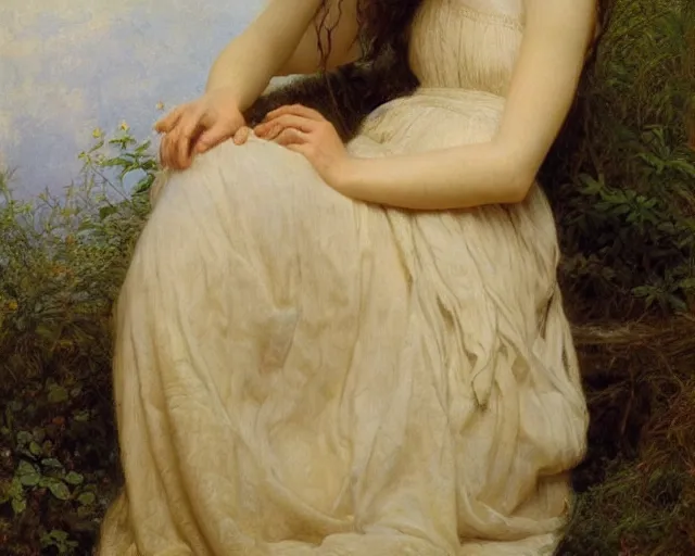 Prompt: portrait en buste of winona ryder kiera knightley in repose by Hughes Merle, by Pierre Auguste Cot, perfect detailed eyes, realistic fabric, abundant detail, dramatic pose