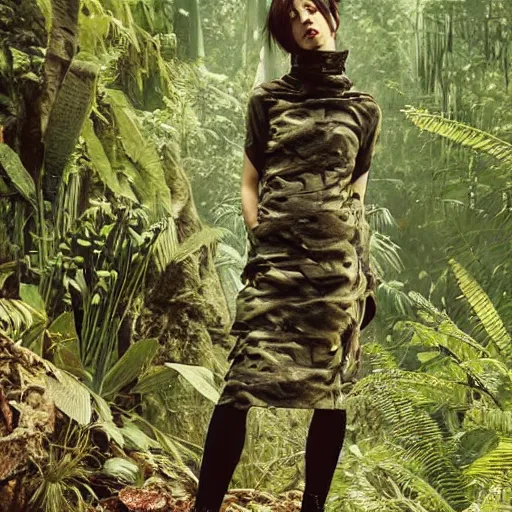 Image similar to female character wearing a camouflage dress by yohji yamaoto in a dense misty jungle the style of mamoru oshii