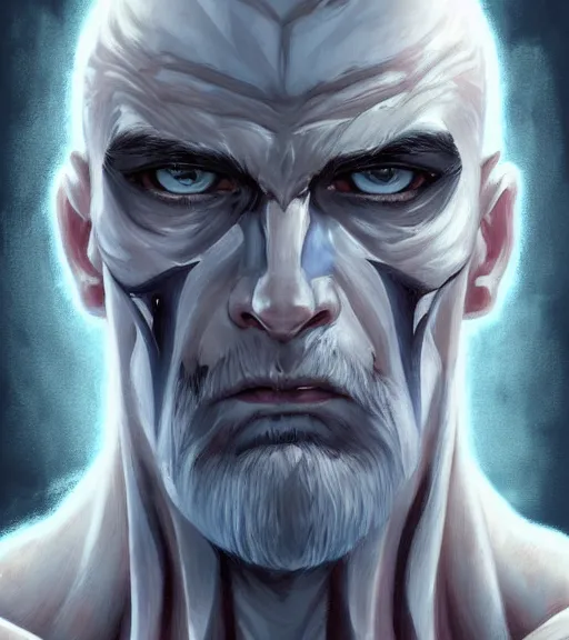 Image similar to symmetry portrait of a tall warrior with grey hair and big muscles, light blue eyes and body full of scars, his skin in extremely white and grim looking, mysterious ultra detailed, intricate, anime, dynamic lighting, digital art, digital painting, art station, wlop, sharp focus, illustration, art by artgerm and greg rutkowski and alphonse mucha