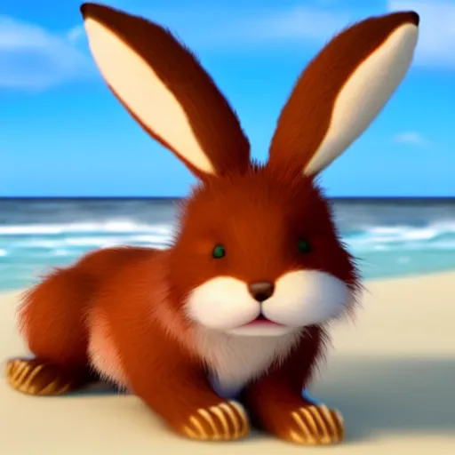 Image similar to a photorealistic adorable chubby fennic fox rabbit hybrid, wearing bows on its fuzzy ears, with a mischievous grin, happy lighting, at a tropical beach