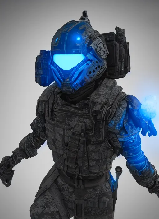 Prompt: concept art of futuristic soldier wearing an armoured facemask, with intricate carving details in black and glowing blue, ultra realistic, octane render, 8 k, hd, realistic lighting, moody, dramatic