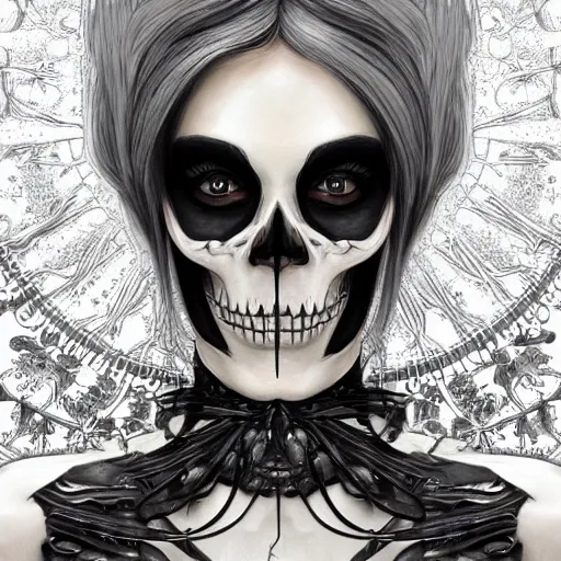 Image similar to a photograpic portrait of a anthropomorphic skeleton wearing black clothes, silver hair, fantasy, intricate, elegant, highly detailed, digital painting, artstation, concept art, smooth, sharp focus, illustration, art by artgerm and H R Giger and alphonse mucha