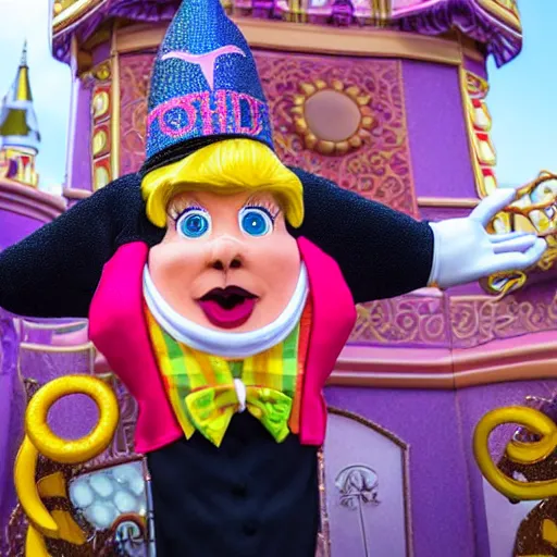 Image similar to a child puppet in the its a small world ride at disneyland that looks like donald trump, highly detailed, high definition, ultra realistic