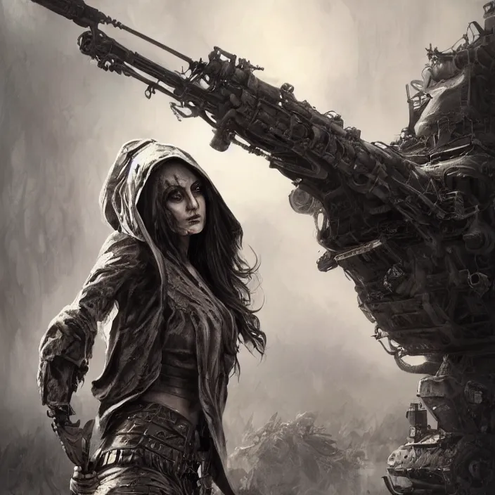 Image similar to beautiful apocalyptic woman in hooded cloak, standing on mad max panzer tank, hyper-detailed, smooth, sharp focus, 4k ultra hd, fantasy dark art, tank girl, artgerm, artstation, octane render, elegant, detailed digital painting, apocalyptic art