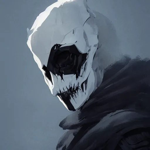 Image similar to portrait of a character wearing a black cloak, with a white mask in the shape of a deer skull, no antlers, dramatic lighting, illustration by Greg rutkowski, yoji shinkawa, 4k, digital art, concept art, trending on artstation