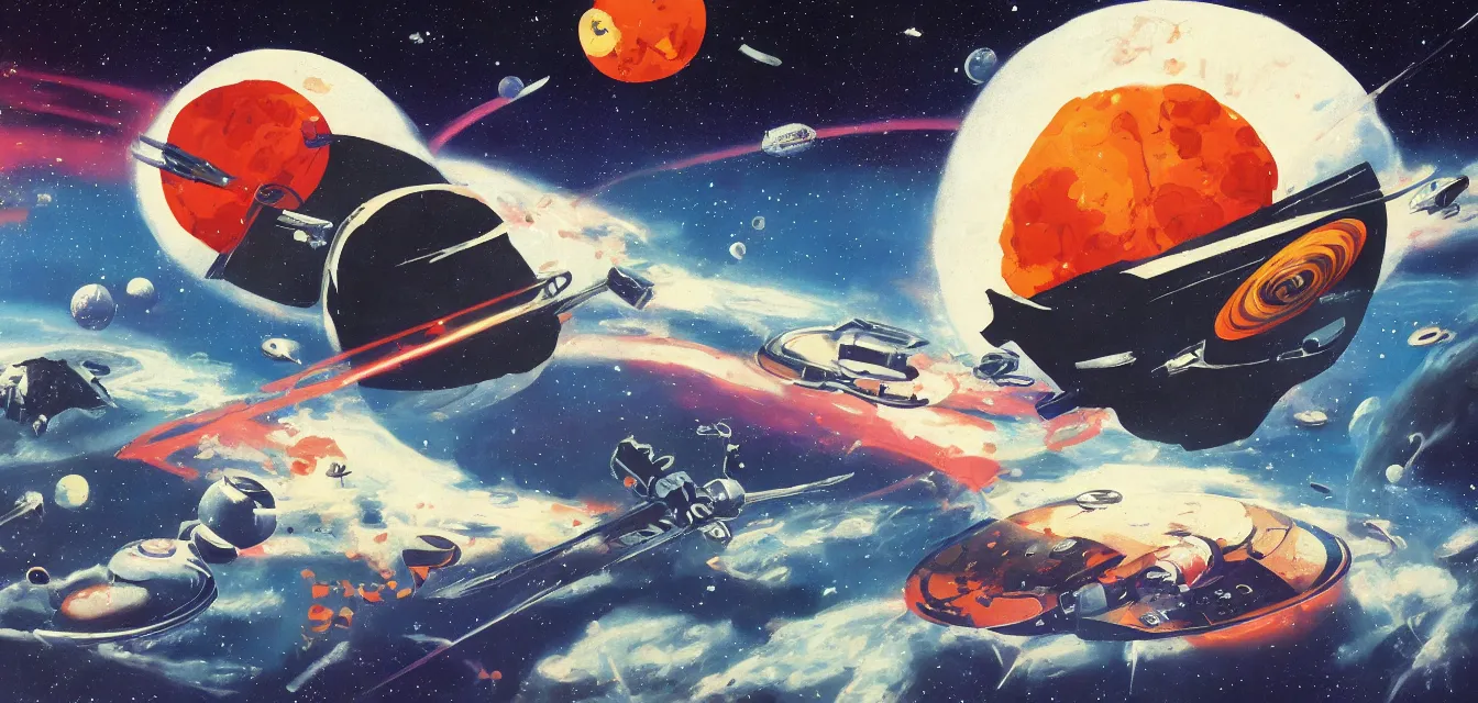 Image similar to space battle aftermath in orbit above moon, retro futurism painting
