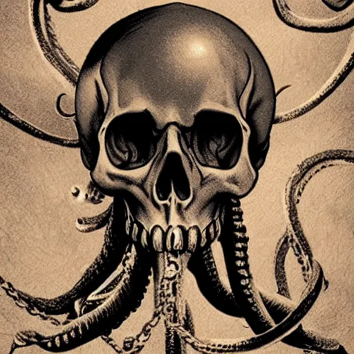 Image similar to skull of a pirate with tentacles protruding out at the bottom of the ocean