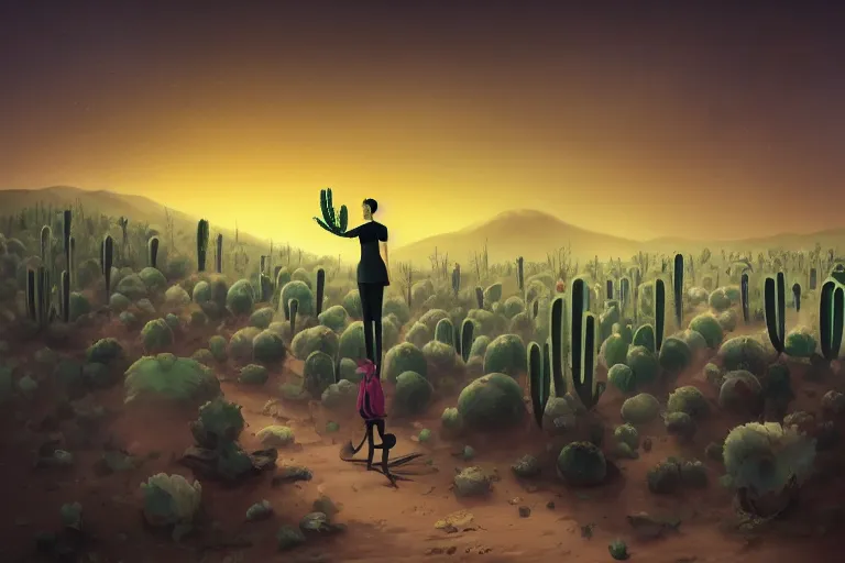 Prompt: a photo of a dystopian desert with loots of cacti, sobbing sad black silhouette of a person!, cantered, by Cyril Rolando!!!!!!, trending on DeviantArt, desolated, dark!, 8k resolution, rendered in Zbrush