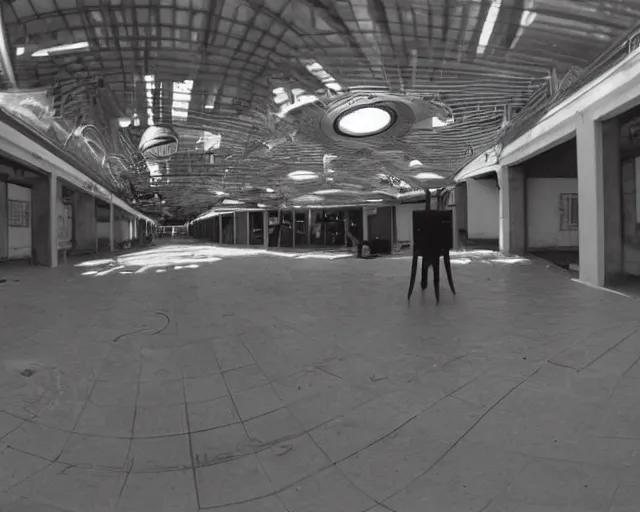 Image similar to camera footage of a Darpa Robot hunting in an abandoned shopping mall, high exposure, dark, monochrome, camera, grainy, CCTV, security camera footage, timestamp, zoomed in, fish-eye lense, Robot, Drone, Intense, Darpa,