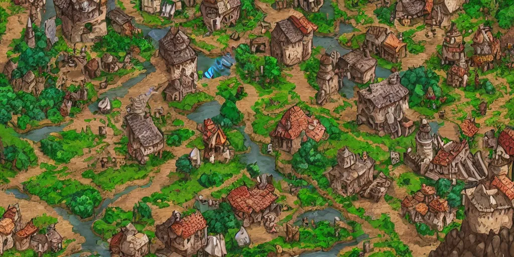 Image similar to a high detailed fantasy village vector art an aerial view of a cartoonish rpg village by dungeondraft, dofus, patreon content, hd, straight lines, vector, grid, dnd map, map patreon, fantasy maps, foundry vtt, fantasy grounds, aerial view, dungeondraft, tabletop, inkarnate, dugeondraft, roll 2 0