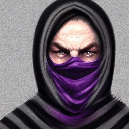 Image similar to ultra realistic illustration, man in a black hood, in a striped purple balaclava, mysterious, highly detailed, digital painting, artstation, concept art, smooth, sharp focus, illustration