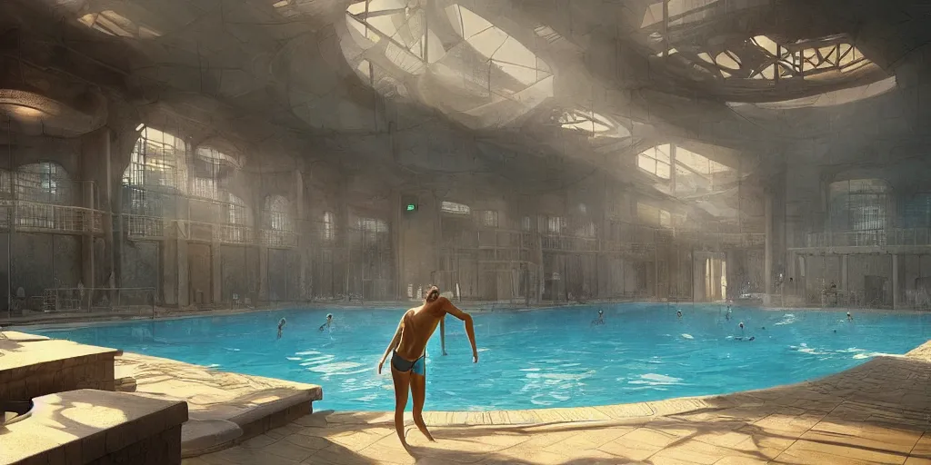 Image similar to swimming pool of a thermal fitness center, with hot spring, cinematic lighting, exaggerated detailed, unreal engine, art by greg rutkowski & peter mohrbacher