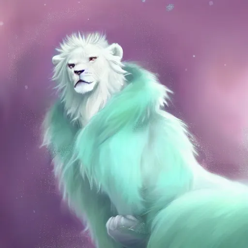 Image similar to aesthetic portrait commission of a albino male furry anthro lion cub popping floating bubbles while wearing a cute mint colored cozy soft pastel winter outfit, winter Atmosphere. Character design by charlie bowater, ross tran, artgerm, and makoto shinkai, detailed, inked, western comic book art, 2021 award winning painting