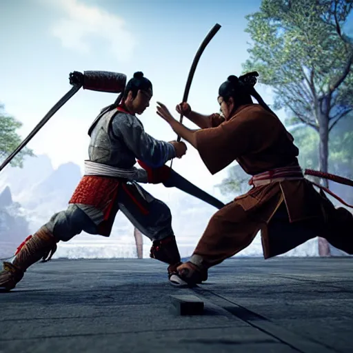 Image similar to an action fight scene between a samurai and a ninja, unreal engine, hyper realistic, high detail, cinematic, magic, japan, temples,