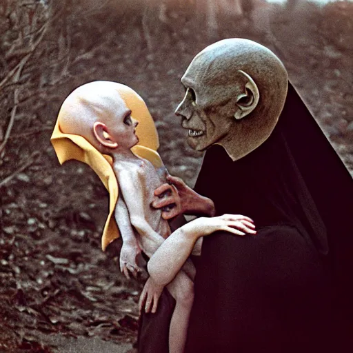 Image similar to portrait of nosferatu playing with his kid, realistic detailed photography, kodak 5 2 1 9 film, 5 0 mm lens