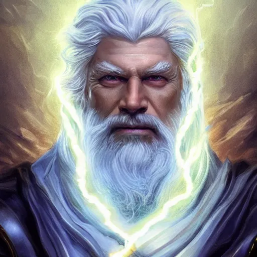 Prompt: zeus, god of thunder, stephen lang, long white hair turning to lightning, lightning, d & d, fantasy, highly detailed, digital painting, trending on artstation, concept art, sharp focus, illustration, art by artgerm and greg rutkowski and magali villeneuve