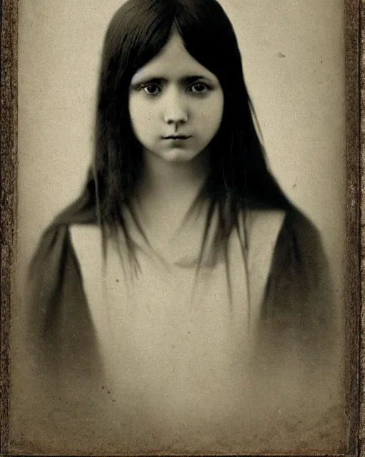 Image similar to a girl with short micro bangs and long hair dressed like the high priestess, 8 k, portrait, beautiful, young, dark hair, 1 8 0 0 s photograph, art nouveau