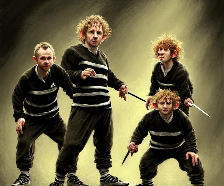 Prompt: a detailed portraite of dominic monaghan and billy boyd as hobbits squatting slavs in black adidas track suits with white stripes down the leg, caricature, highly detailed, digital painting, artstation, concept art, sharp focus, cinematic lighting, illustration, art by met mangindaan, artgerm and greg rutkowski, alphonse mucha, cgsociety